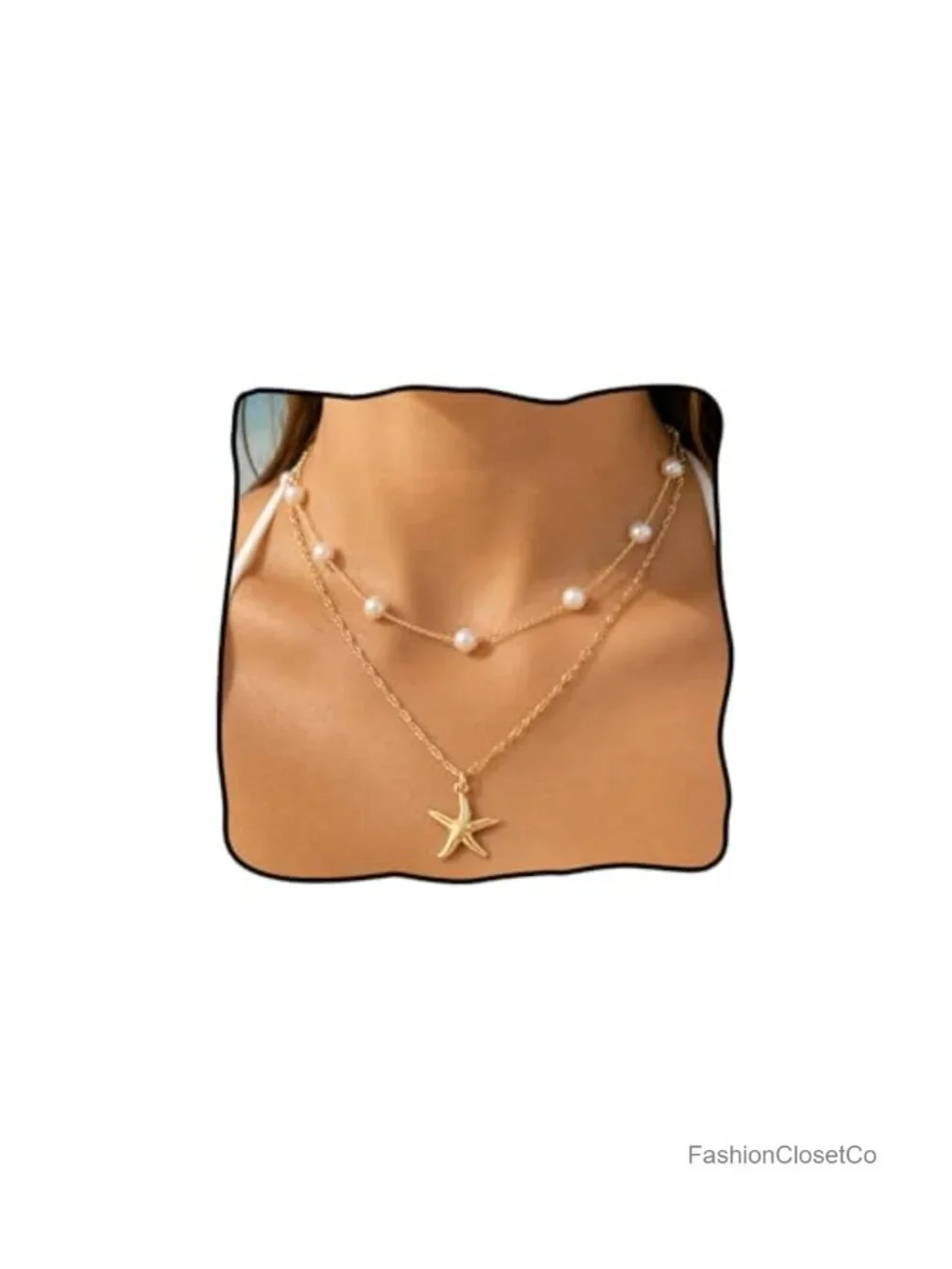 Layered Shell Starfish Pearl Necklace Gold Plated Beach Charm
